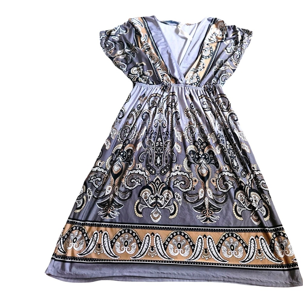 Cristina Love Gray Paisley Print Empire Waist V-Neck Midi Dress Womens Large